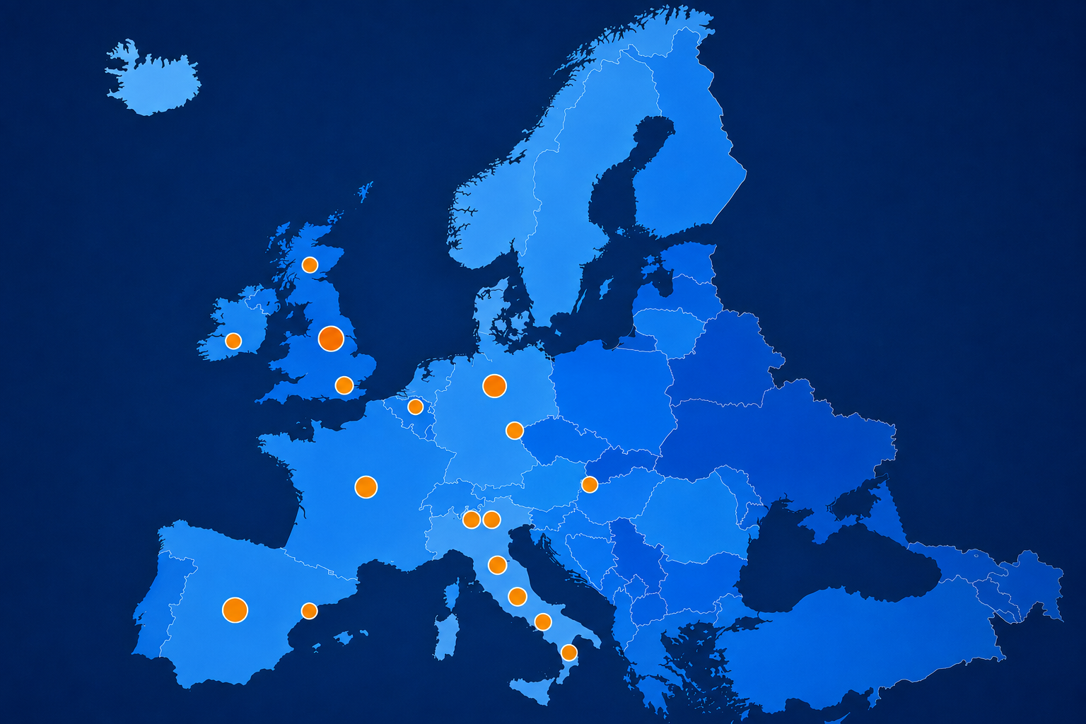 Map of the UK, Ireland and mainland Europe marking AM Futures production and benchmark facilities and partners