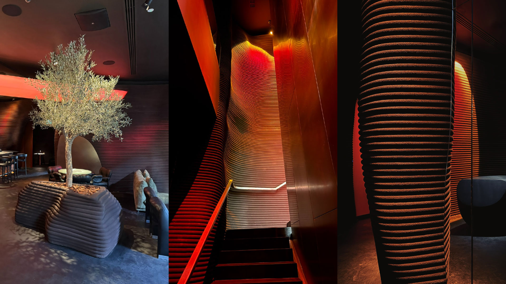 Interior of the Myata Platinum venue in Dubai with large ribbed 3D printed architectural forms and staircase