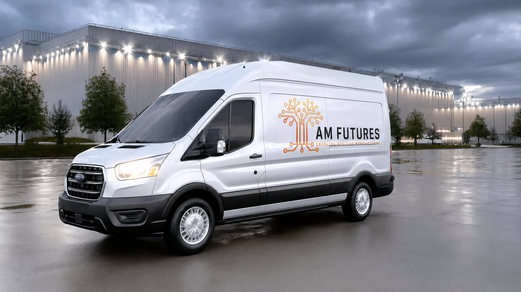 AM Futures branded service van outside a manufacturing facility